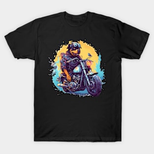 A whimsical t-shirt design featuring a Rottweiler Dog on a quirky motorcycle T-Shirt